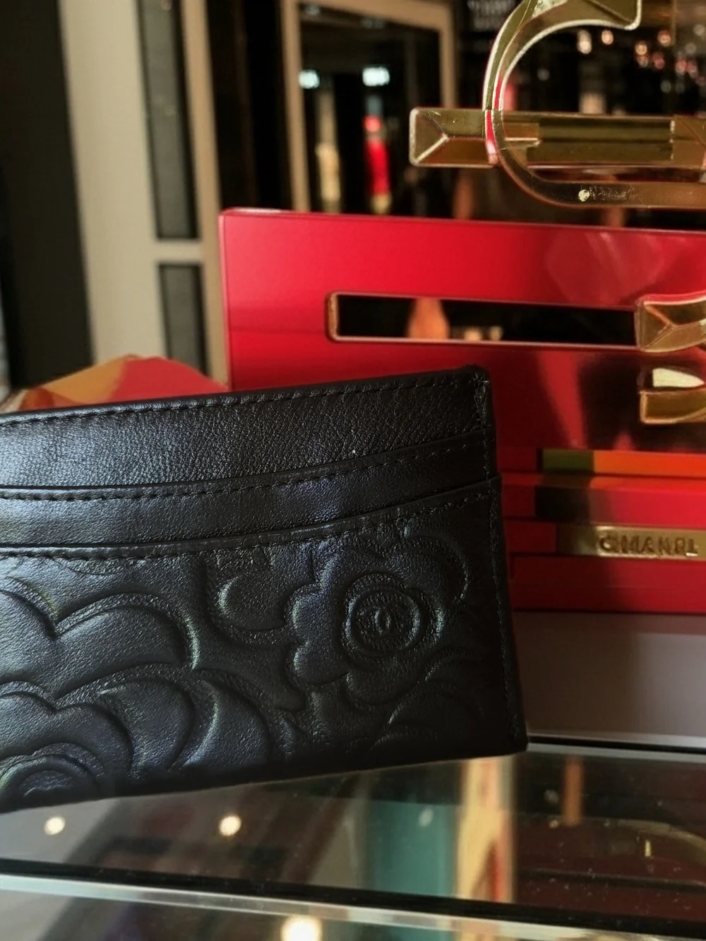 CHANEL Black Camellia Quilted Card Case